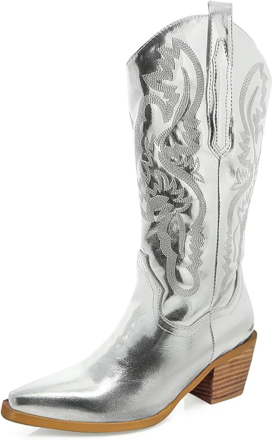 Cowboy Boots for Women Cowgirl Boots Metallic Wide Calf Western Boot Pointed Toe Block Chunky Hee... | Amazon (US)