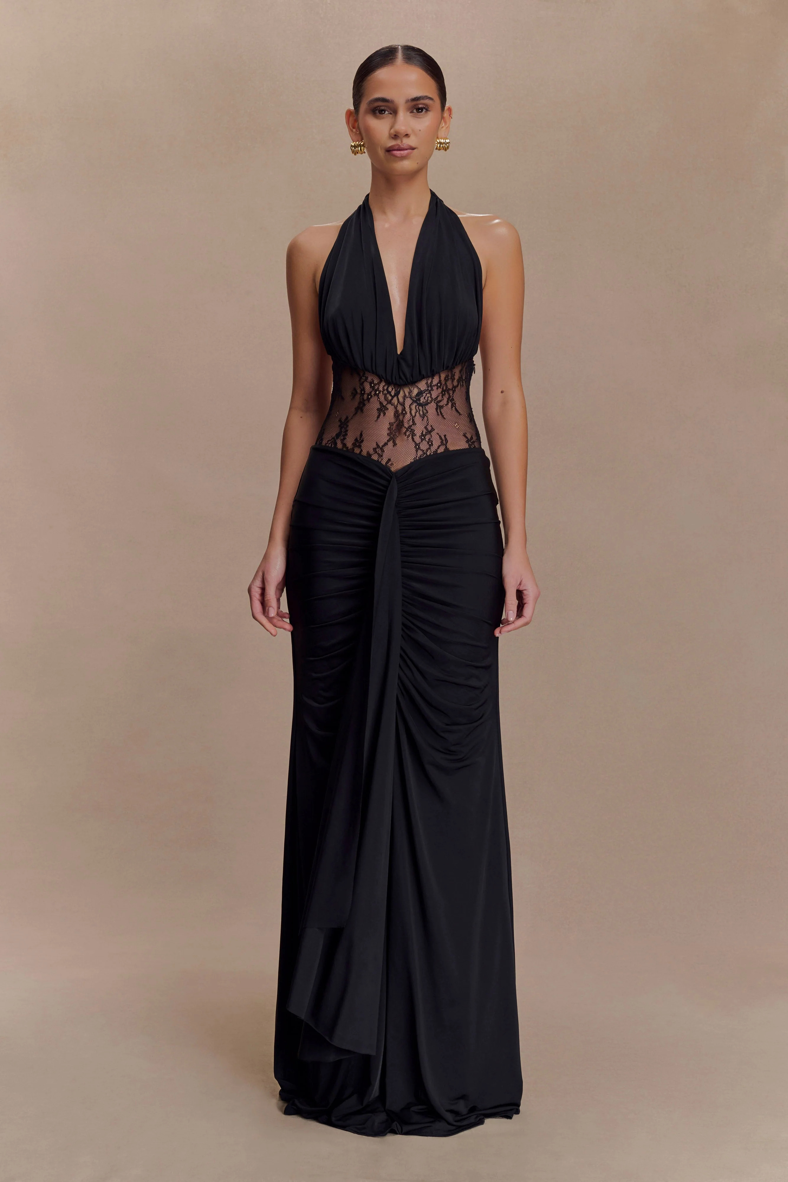 Slinky And Lace Maxi Dress - Black | MESHKI US