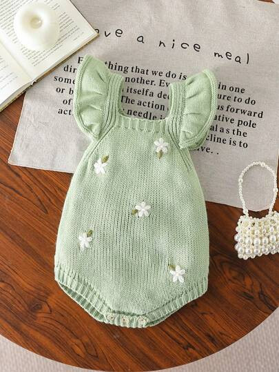 SHEIN Vintaside Kids Baby Girls Flower Embroidered Knitted Bodysuit, Elegant Versatile Outfit Sui... | SHEIN