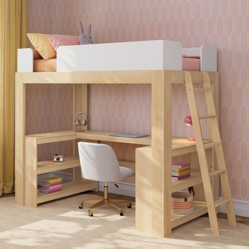 Mid-Century Modern Twin Loft Bed With Wraparound Desk | max & lily