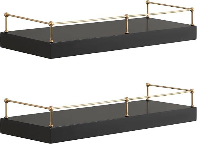 Kate and Laurel Havina Modern Natural Floating Shelves with Rail, Set of 2, 24 x 8, Black and Gol... | Amazon (US)