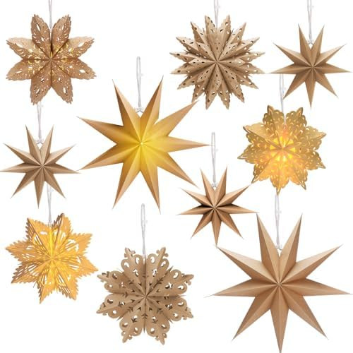 Leinuosen 10 Set Christmas Snowflake Paper Lantern Star Paper Lantern with 10 LED Lights Lamp Sta... | Amazon (US)