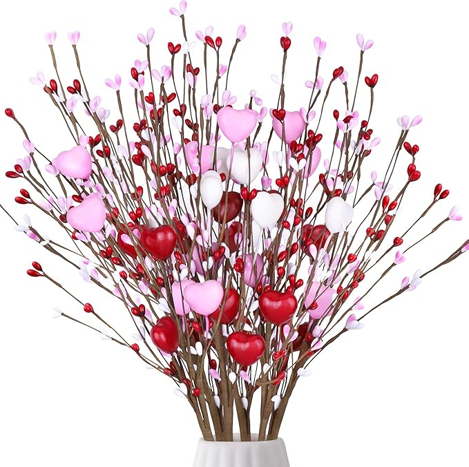Valentines Day Decorations Artificial Heart Flowers Berry Stems Gifts, 6 Packs Red Pink White Hea... | Amazon (US)