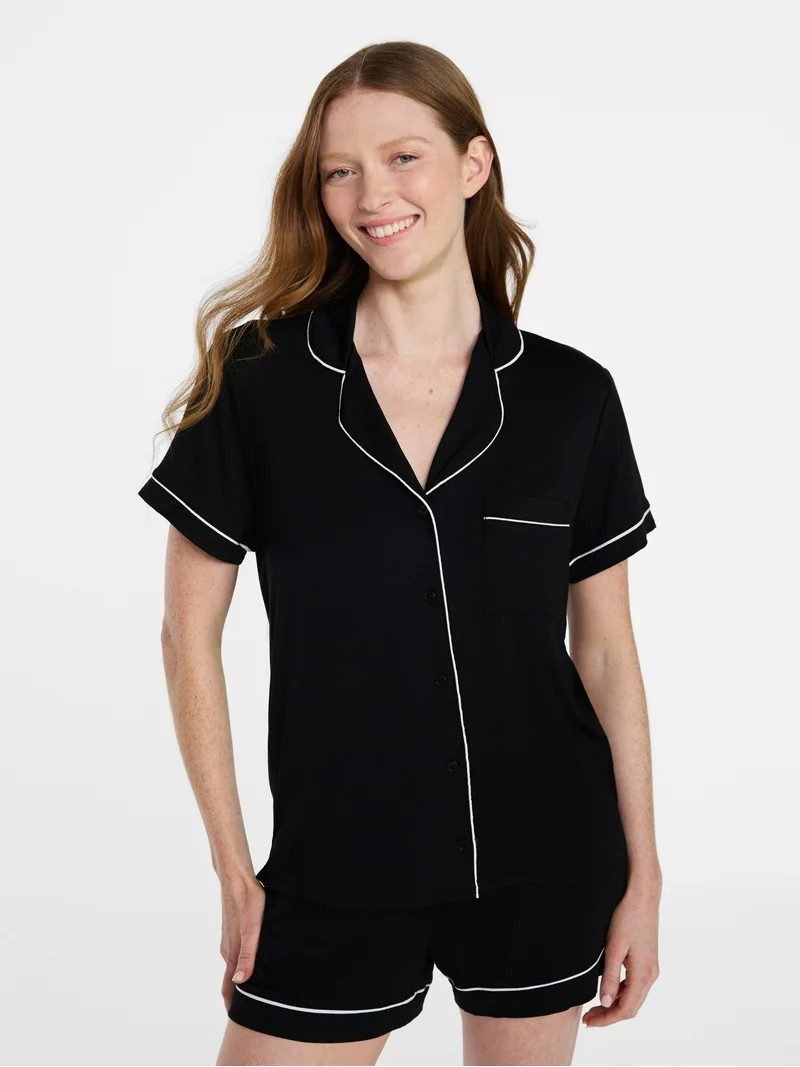 Joyspun Women’s Sleep Modal Short Sleeve Notch Top and Shorts Pajama Set, Size XS-XL, 2X-3X | Walmart (US)
