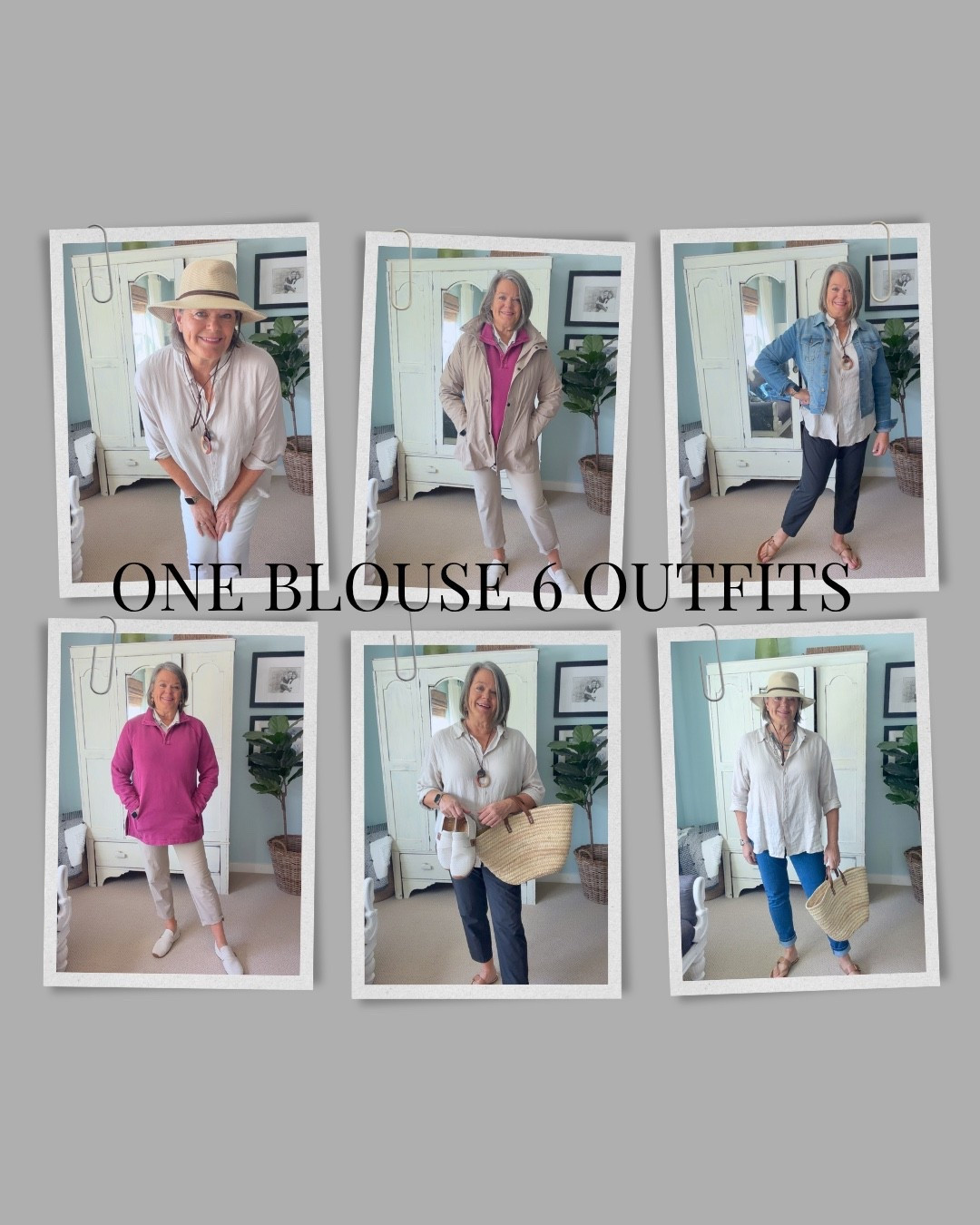 One blouse 6 outfits! Perfect for my 17 Day Italian trip packing only a carry-on! 
4 pairs of pants- Black golf pants, tan golf pants, white jeans. The skinny blue jeans,
1 raspberry sweatshirt and packable raincoat all from @Coldwater Creek 
1 denim jacket 
See more of my posts to see all that I am packing in my carry-on! 
#carryonpacking #ad #italytravel #over50travel

#LTKTravel
