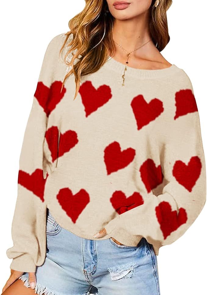 Chang Yun Womens Heart Print Pullover Sweaters Cute Knitted Long Batwing Sleeves Backless Loose W... | Amazon (US)
