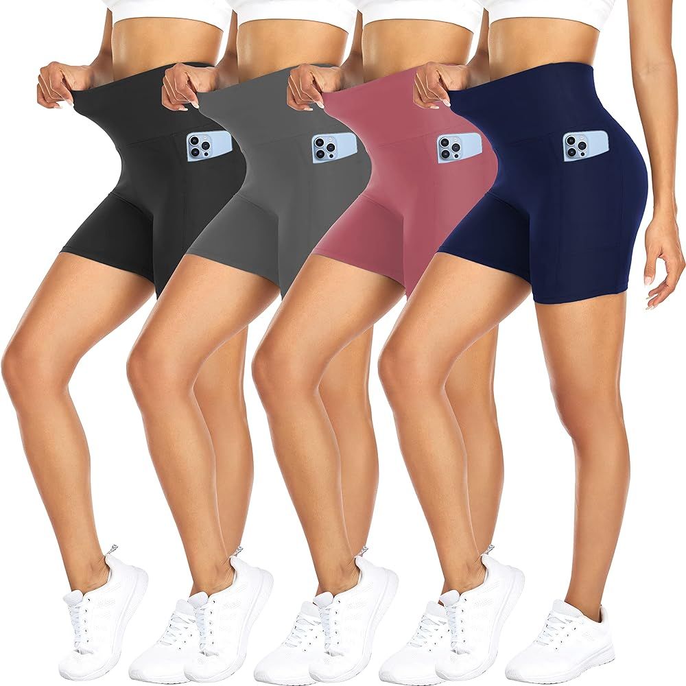FULLSOFT 4 Pack Biker Shorts for Women with Pockets – 5" High Waisted Tummy Control Workout Yog... | Amazon (US)