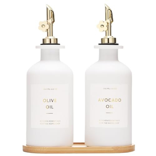 HOMCDALY Olive Oil Dispenser for Kitchen, 11.8oz Glass kitchen Dispenser Bottle, Gold Oil&Vinegar Cruet Set, Leakproof Oil Containers for Cooking| Set of 2 (11.8oz – Gold) | Amazon (US)