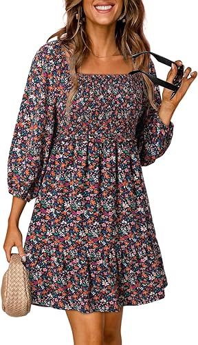 Dokotoo Womens Summer Dresses 2024 Boho Floral Square Neck Smocked 3/4 Sleeve Casual A-Line Swing... | Amazon (US)