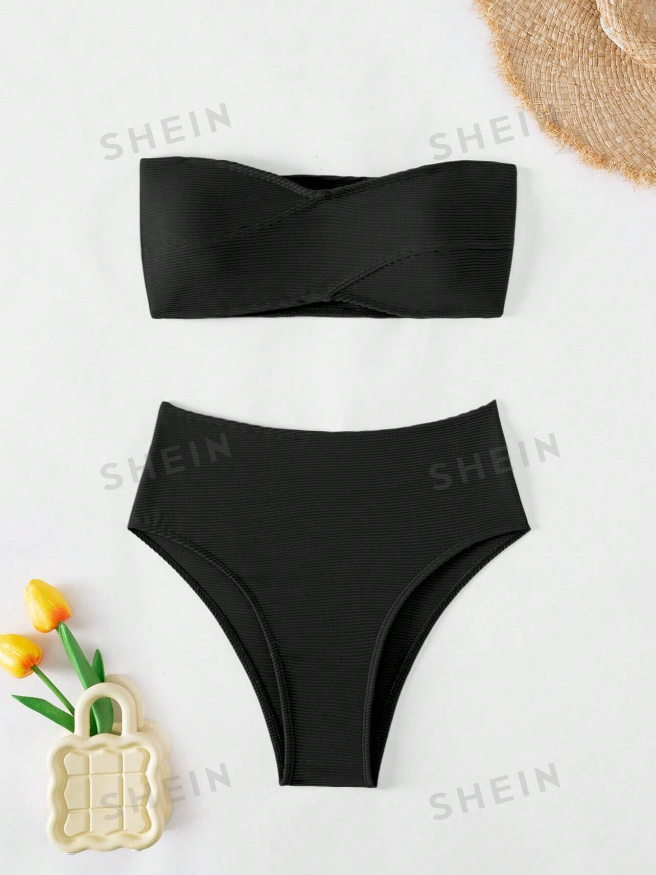 SHEIN Swim Basics Plain Bandeau Bikini Swimsuit | SHEIN