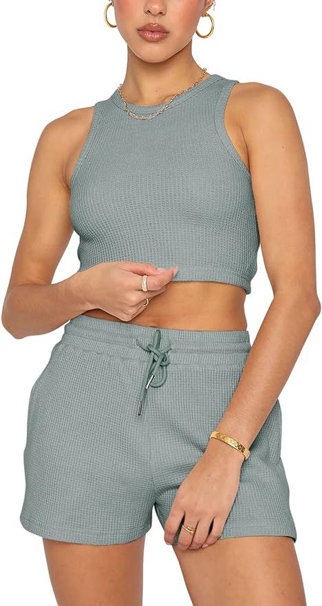 KIKIBERRY Women's Lounge sets Sleeveless Halter Neck Waffle Knit Crop Tank Tops with Shorts Sleep... | Amazon (US)