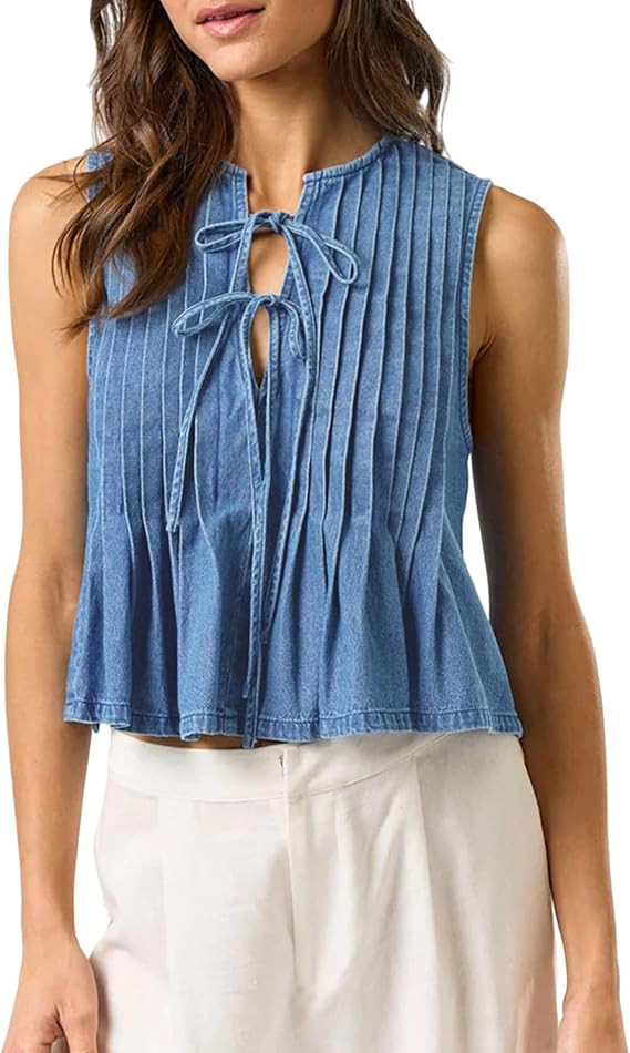 Womens Denim Top Sleeveless Pleated Jean Vest Tops for Women Tie-Front V Neck Denim Vest Trendy C... | Amazon (US)