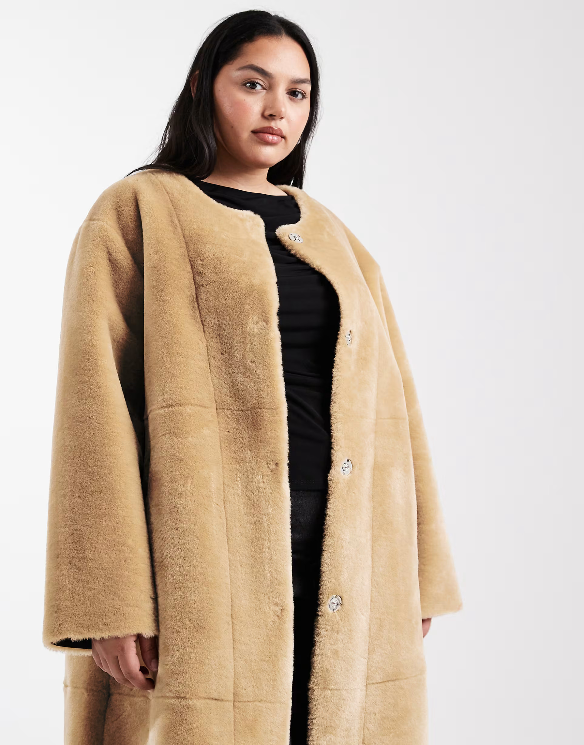 ASOS DESIGN Curve collarless bonded faux fur coat in biscuit | ASOS (Global)