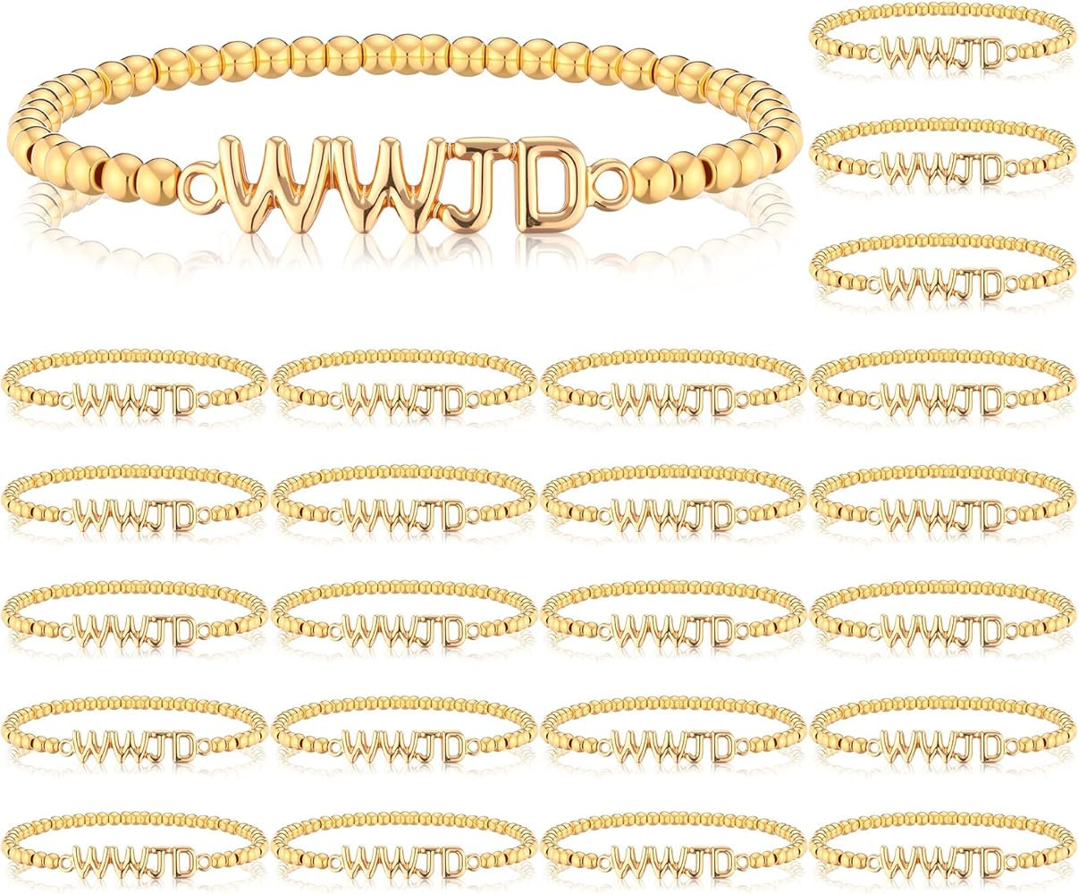 Huquary 24 Pcs WWJD Gold Beaded Bracelets Christian Valentine Gift Bulk for Women Men What Would ... | Amazon (US)