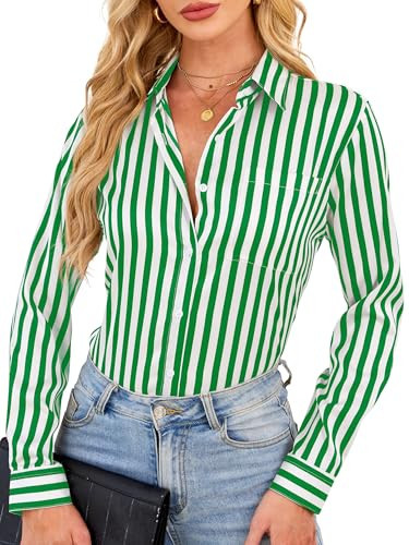 BBIBBI Green Button Down Shirt Women Womens Top Shirts for Trendy Long Sleeve Blouse White Up Striped Boyfriend Tops Fashion Green Size S | Amazon (US)