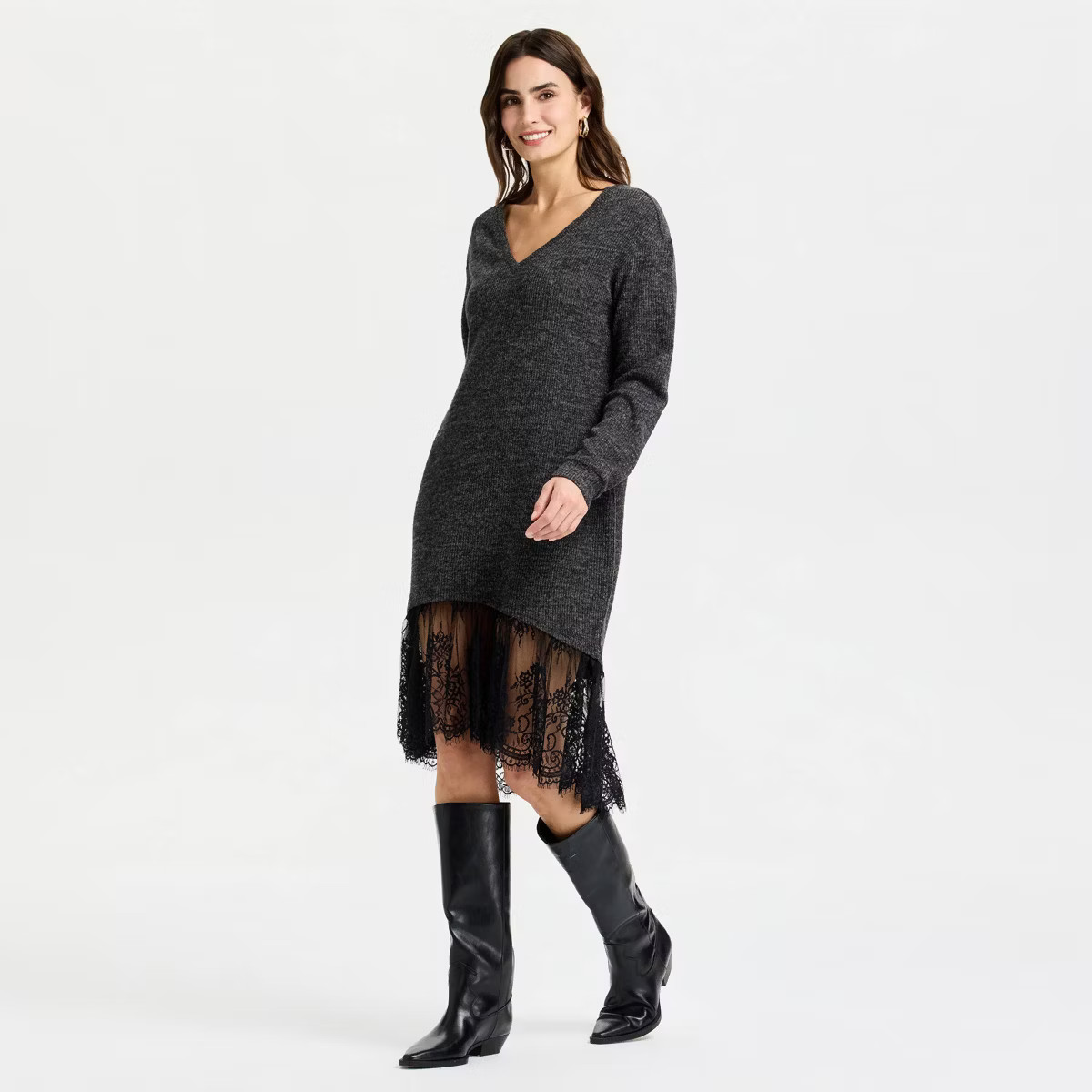 Women's Long Sleeve Lace Hem Midi Sweater Dress - A New Day™ Dark Heather Gray | Target