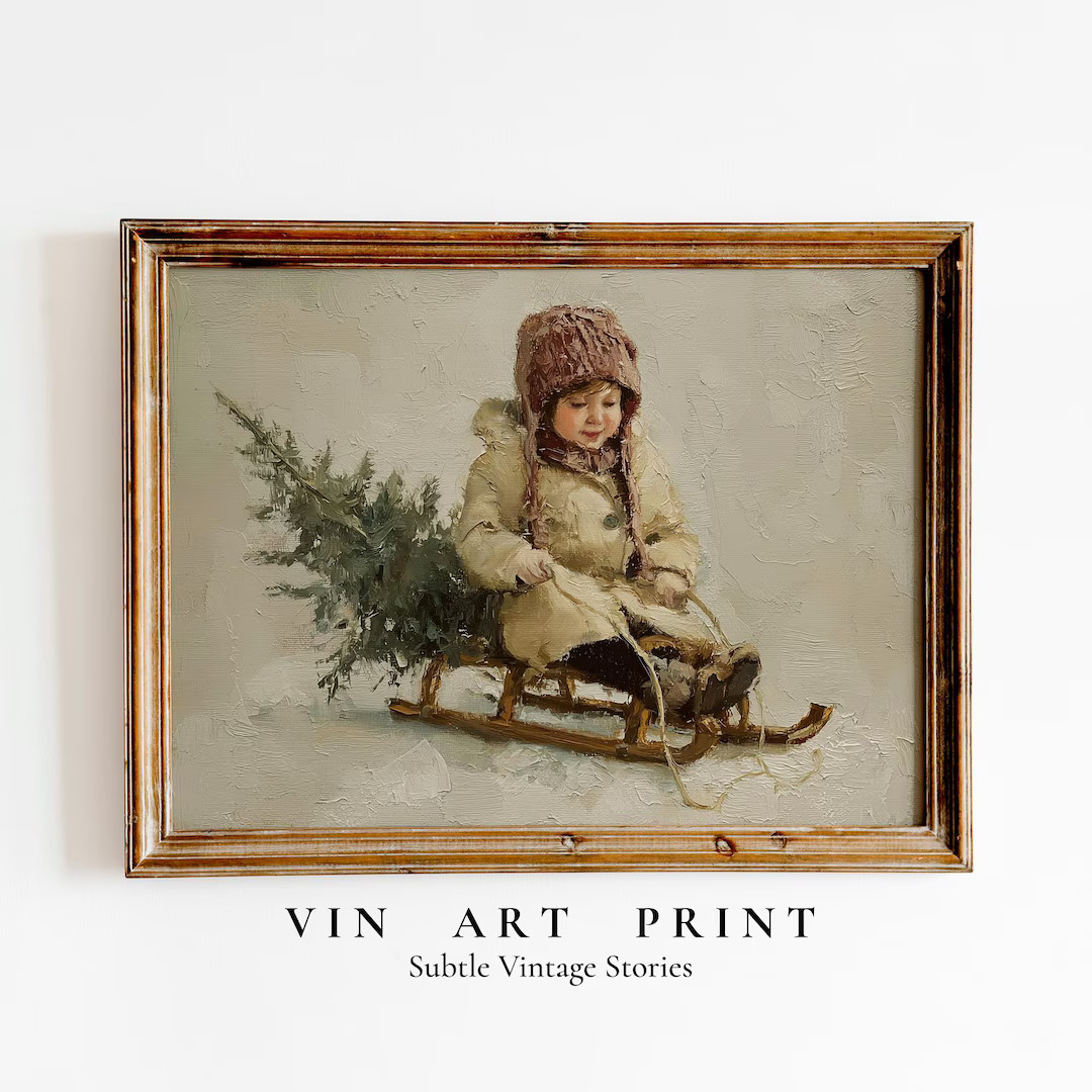 Antique Vintage Christmas Kid on Sled Printable Wall Art | Rustic Farmhouse Holiday Decor | Nosta... | Etsy (US)
