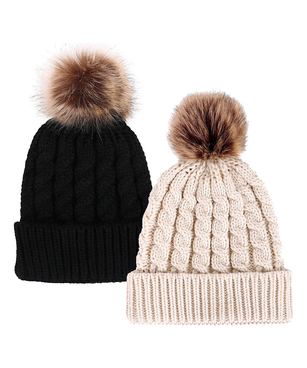 Simplicity Beanies Black+Cream(B15080037-02/B15080037-18) - Black Faux Fur Pom-Pom Beanie & Cream Fa | Zulily