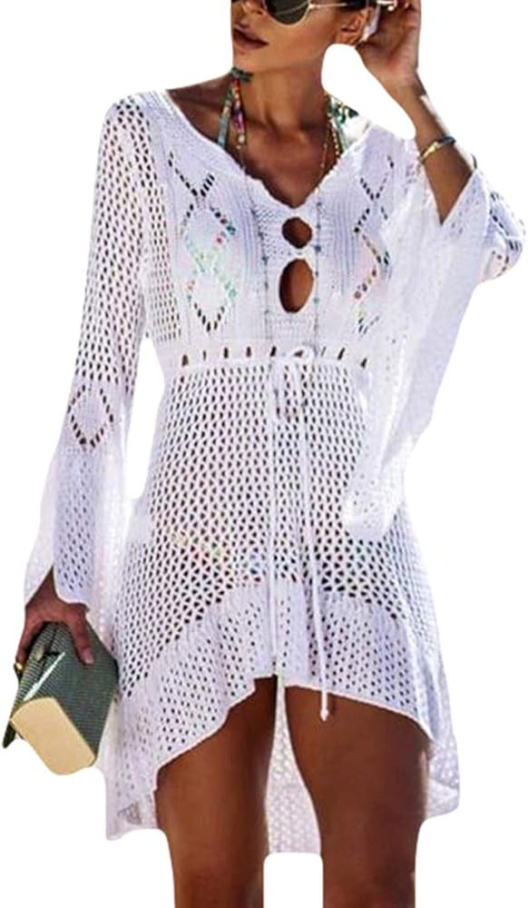 Ailunsnika Tunic Swimwear Cover Up Crochet Hollow Beach Bikini Dress for Women | Amazon (US)