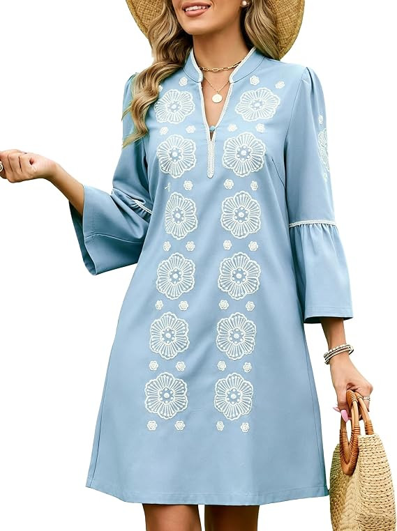 Kedera Womens Summer Embroidered Lace Floral Tunic Dress 3/4 Puff Sleeve V Neck Mini Dress with P... | Amazon (US)