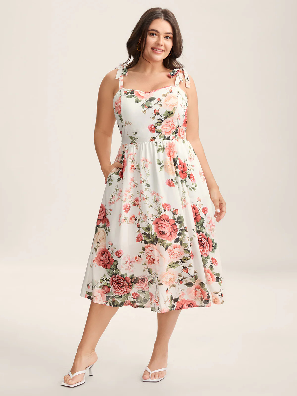 Rosy Print Bow Strap Pockets Midi Dress | Bloomchic