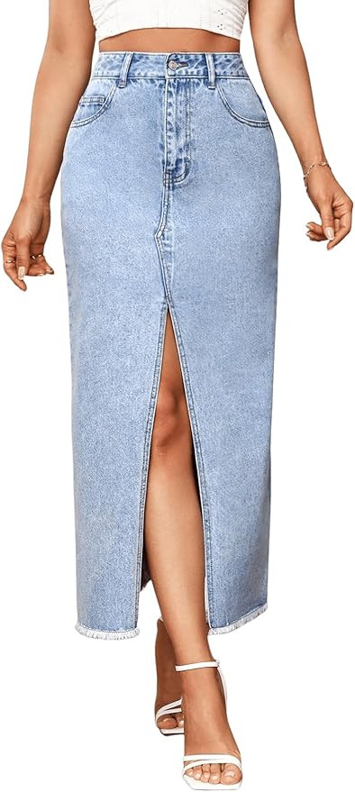 SweatyRocks Women's Casual High Waist Denim Skirt Split Hem Raw Trim Midi Jean Skirts | Amazon (US)