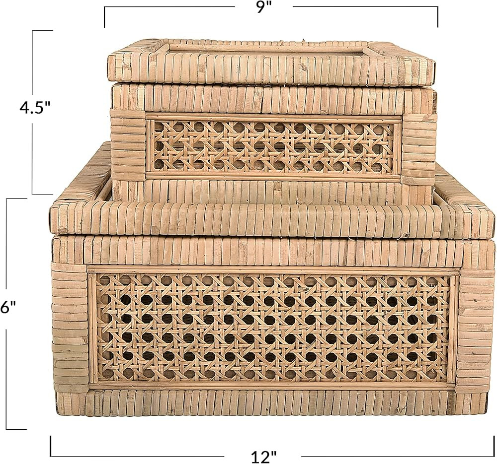Creative Co-Op Modern Decorative Square Woven Rattan and Wood Display Boxes with Glass Top, Set of 2 Sizes, Natural Finish | Amazon (US)