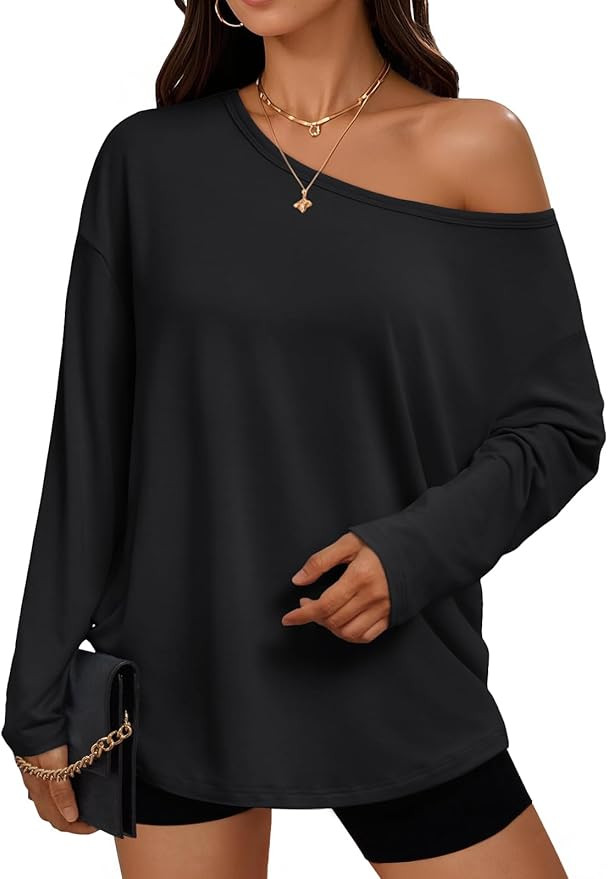 Trendy Queen Womens Off The Shoulder Tops Oversized Tshirts Long Sleeve 2025 Casual Basic Tees | Amazon (US)