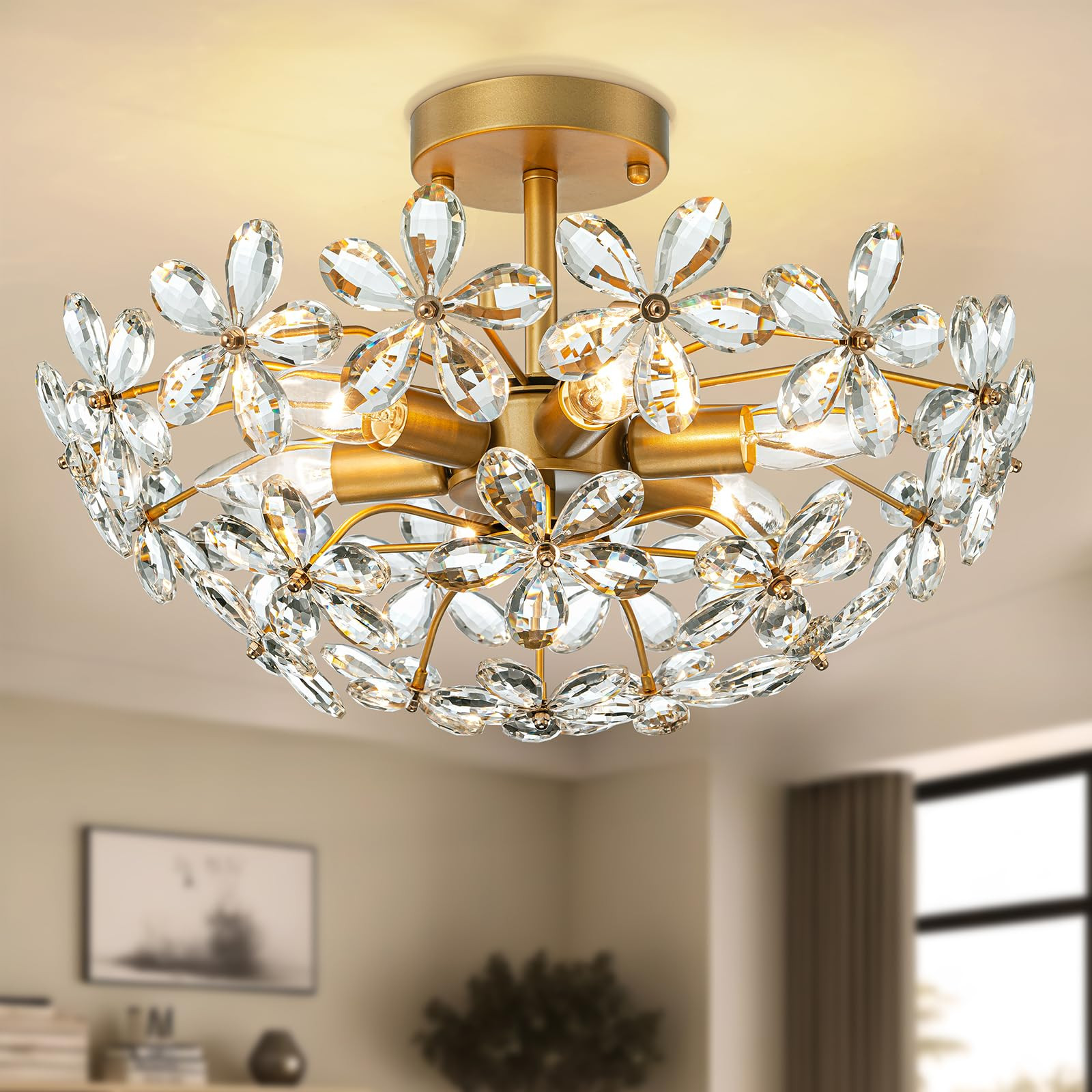 LOHOZOM Gold Flower Ceiling Light,Bedroom Semi Flush Mount Ceiling Light,17.7inch 6-Light Modern ... | Amazon (US)