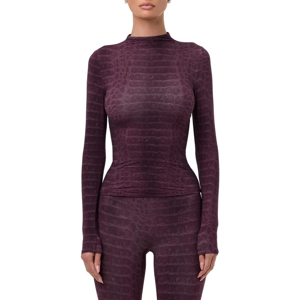 Naked Wardrobe Print Turtleneck Top in Dark Plum Crocodile at Nordstrom, Size Small | Nordstrom