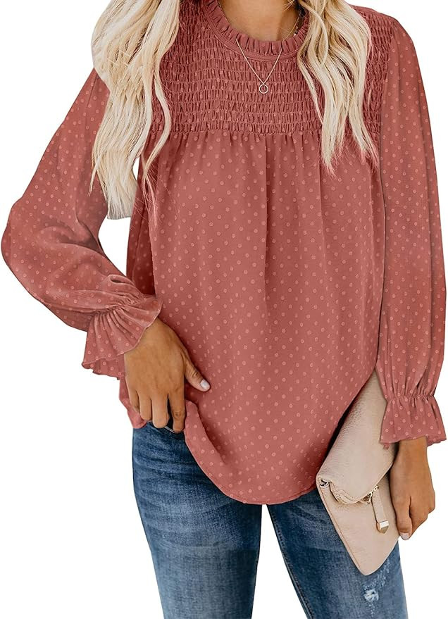 Sidefeel Womens Crewneck Swiss Dot Solid Color Blouse Tops Shirt | Amazon (US)