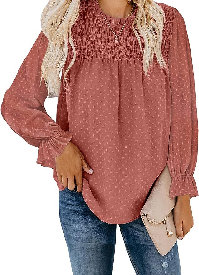 Sidefeel Womens Crewneck Swiss Dot Solid Color Blouse Tops Shirt | Amazon (US)