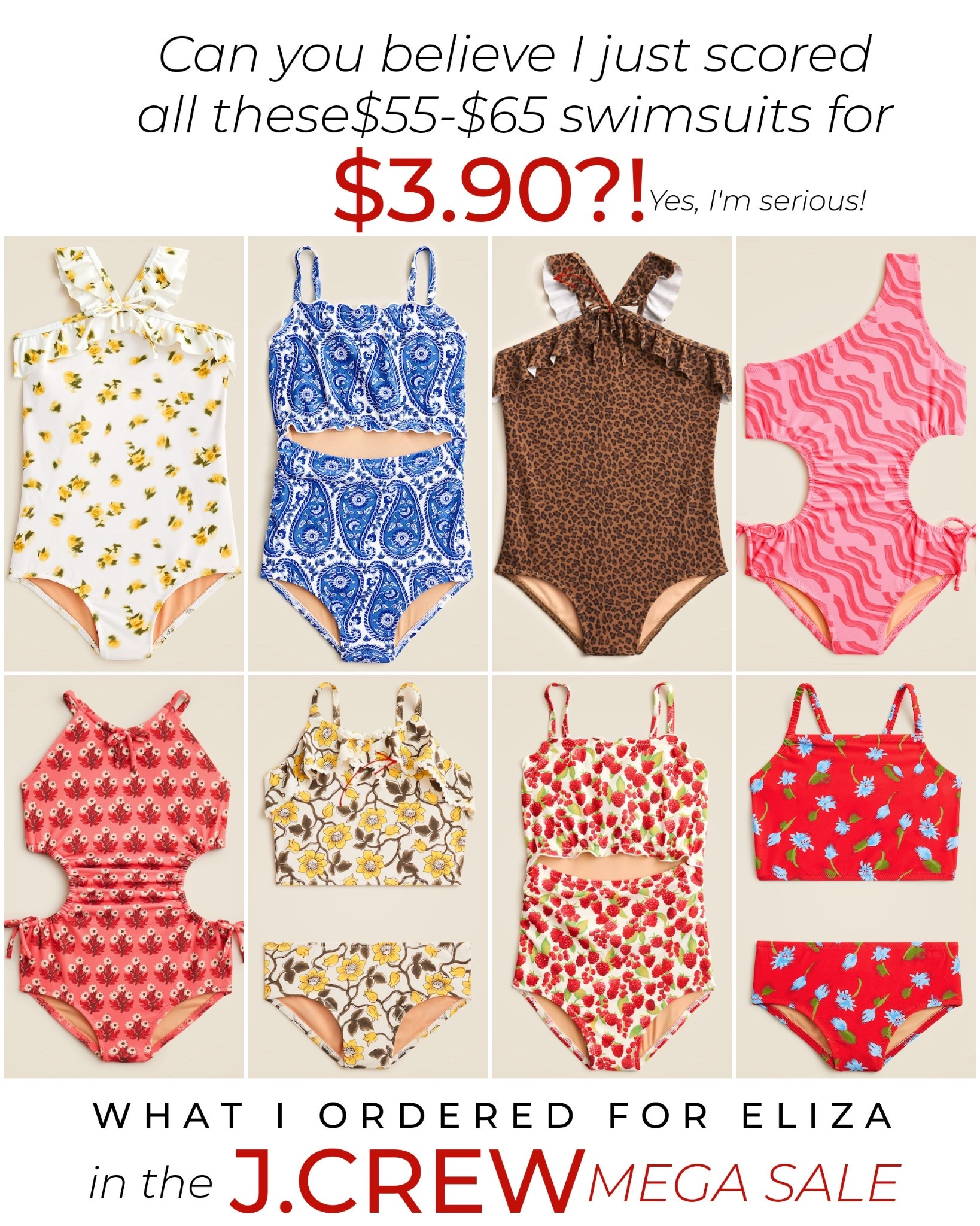 I always buy Eliza’s swimsuits after the season and can’t believe the deal I just got on these at $3.90 a piece! There are so many cute options during the J.Crew mega sale. girl swimsuits beachwear swim wear girls bathing suits summer wear

#LTKKids #LTKSaleAlert #LTKSwim