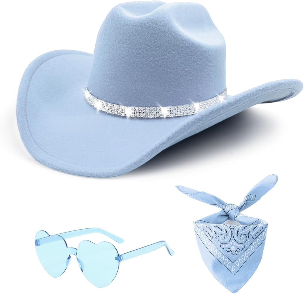 3Pcs Rhinestone Cowboy Hat for Women with Bandana, Heart Sunglasses set, Wide Brim Cowgirl Hat fo... | Amazon (US)