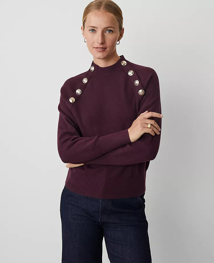 Raglan Button Crew Neck Sweater | Ann Taylor | Ann Taylor