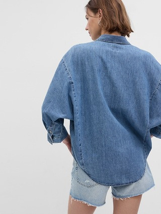 100% Organic Cotton Denim 3/4 Sleeve Big Shirt with Washwell | Gap (US)