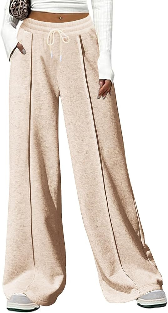 Women's Casual Pants Wide Leg Sweatpants High Waisted Fleece Drawstring Straight Lounge with Pock... | Amazon (US)