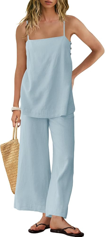 Panadila 2 Piece Linen Set Summer Travel Beach Vacation Outfit Sexy Spaghetti Strap Tank Top and ... | Amazon (US)