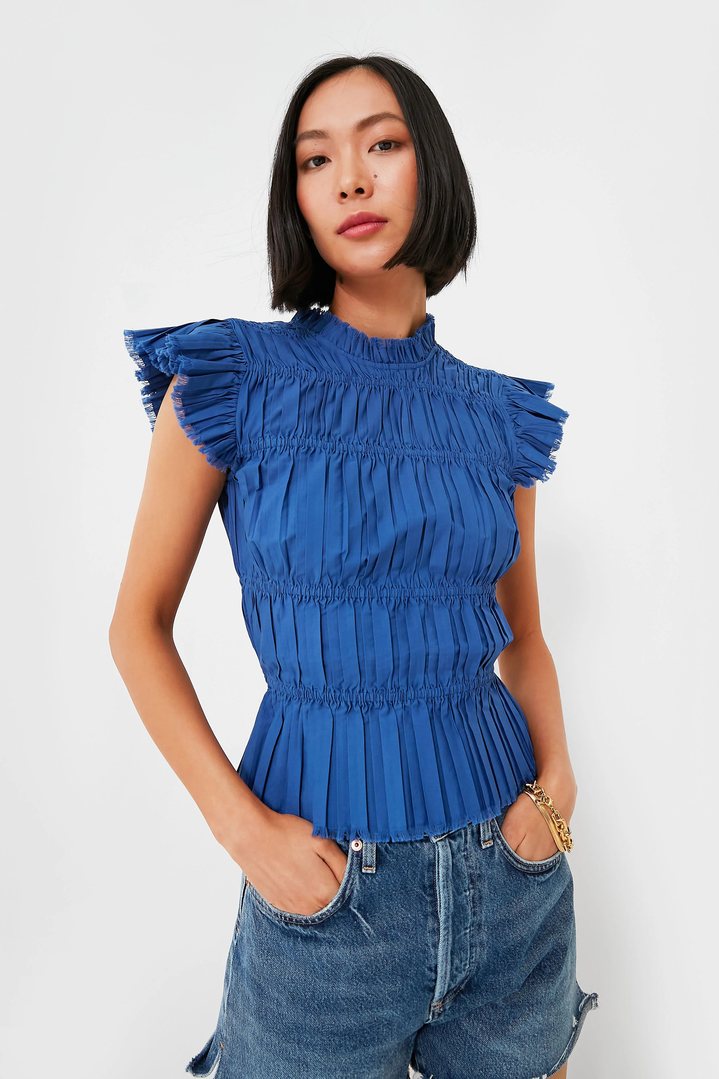Blue Greir Pleating Flutter Sleeve Top | Tuckernuck (US)