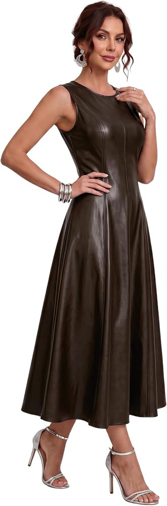 Qiaomai Womens Faux Leather Sleeveless Round Neck Elegant Flowy Flared Long Dress Party Night Out A-Line Dresses | Amazon (US)