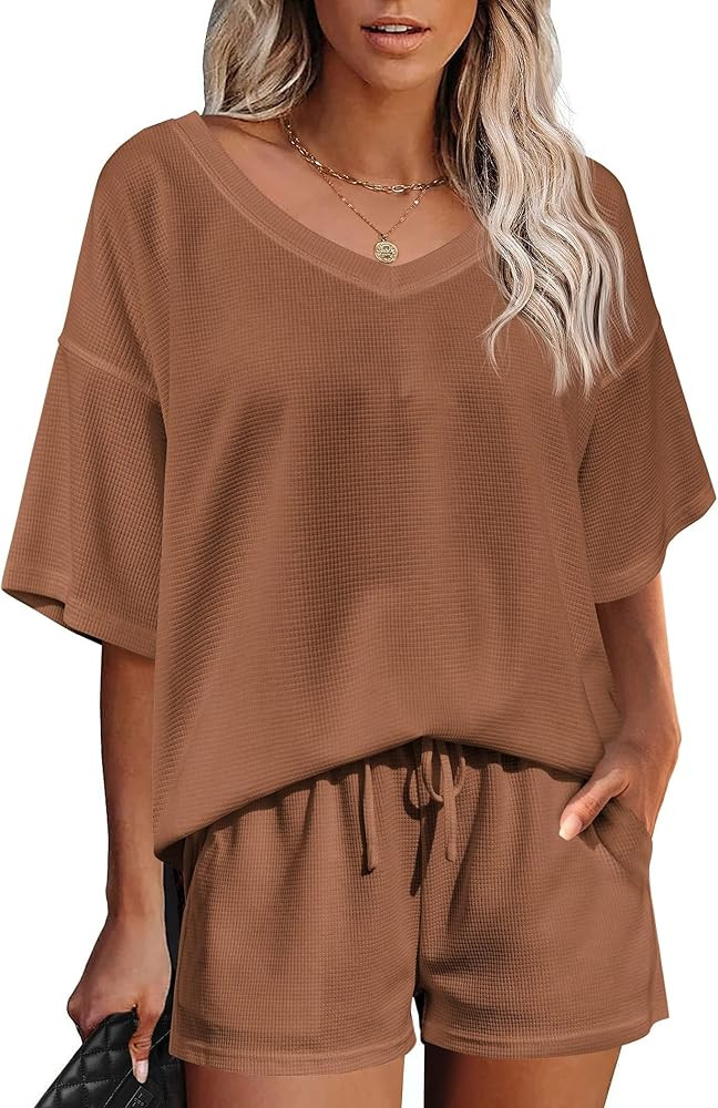 Ekouaer Womens 2 Piece Short Sleeve Waffle Knit V Neck Off Shoulder Casual Loose Fit Sweatsuit Ou... | Amazon (US)