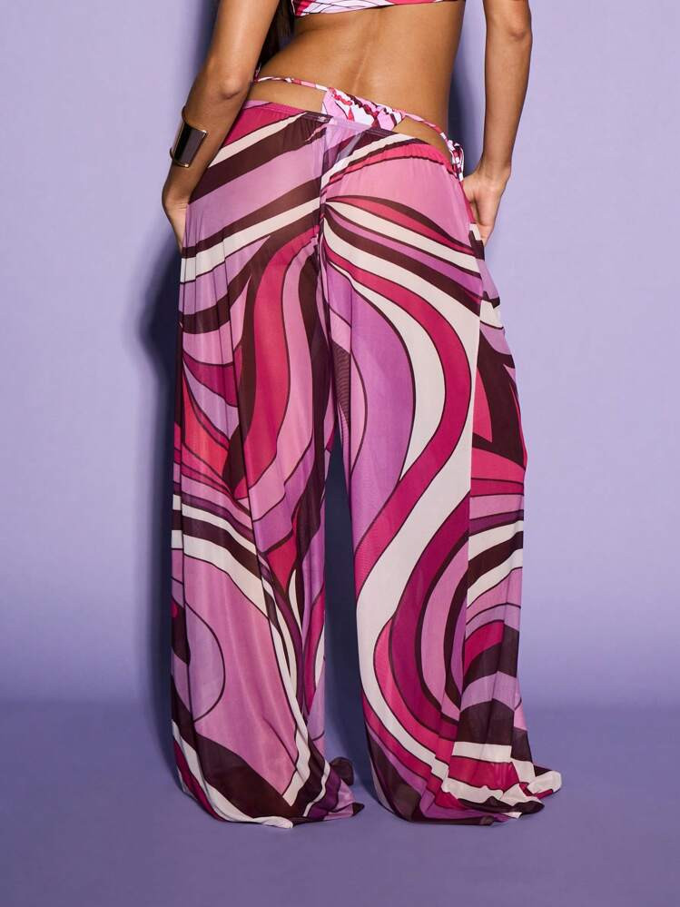 KIZN Sheer Mesh Printed Wide Leg Trousers,Bohemian Clothes | SHEIN