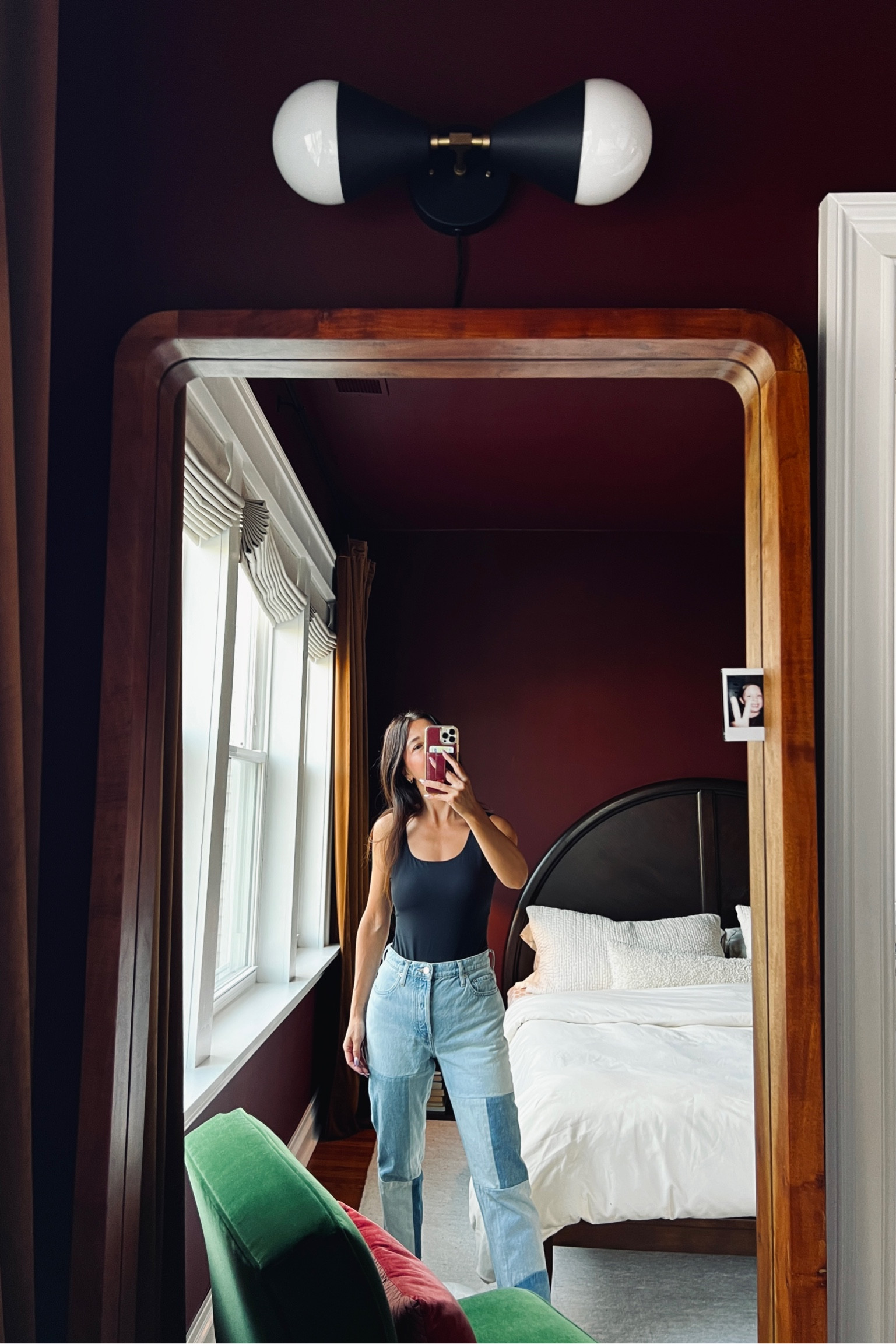 Favorite bodysuit paired with patch denim. Moody bedroom.🖤