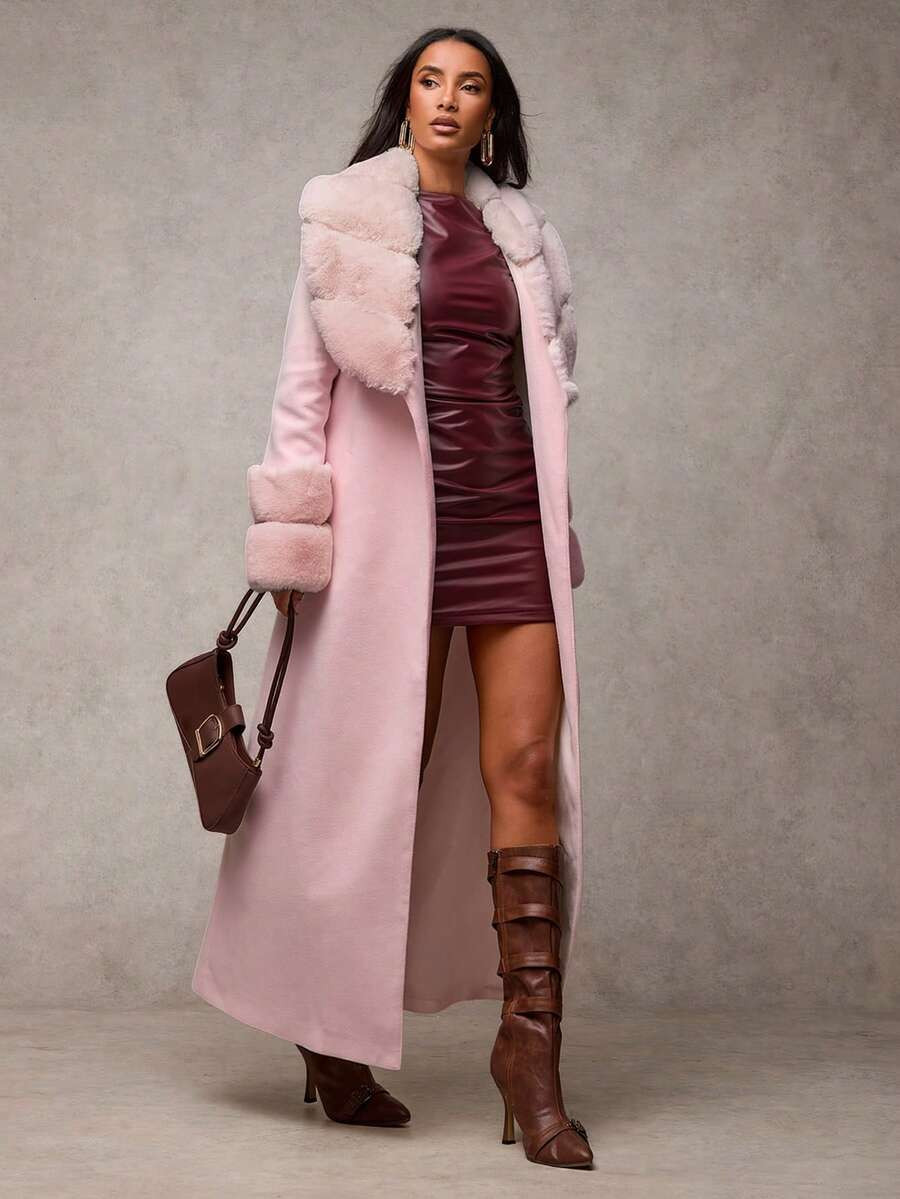 SHEIN BAE Women's Solid Color Faux Fur Shawl Collar Long Sleeve Long Elegant Wool Blend Coat, Vin... | SHEIN