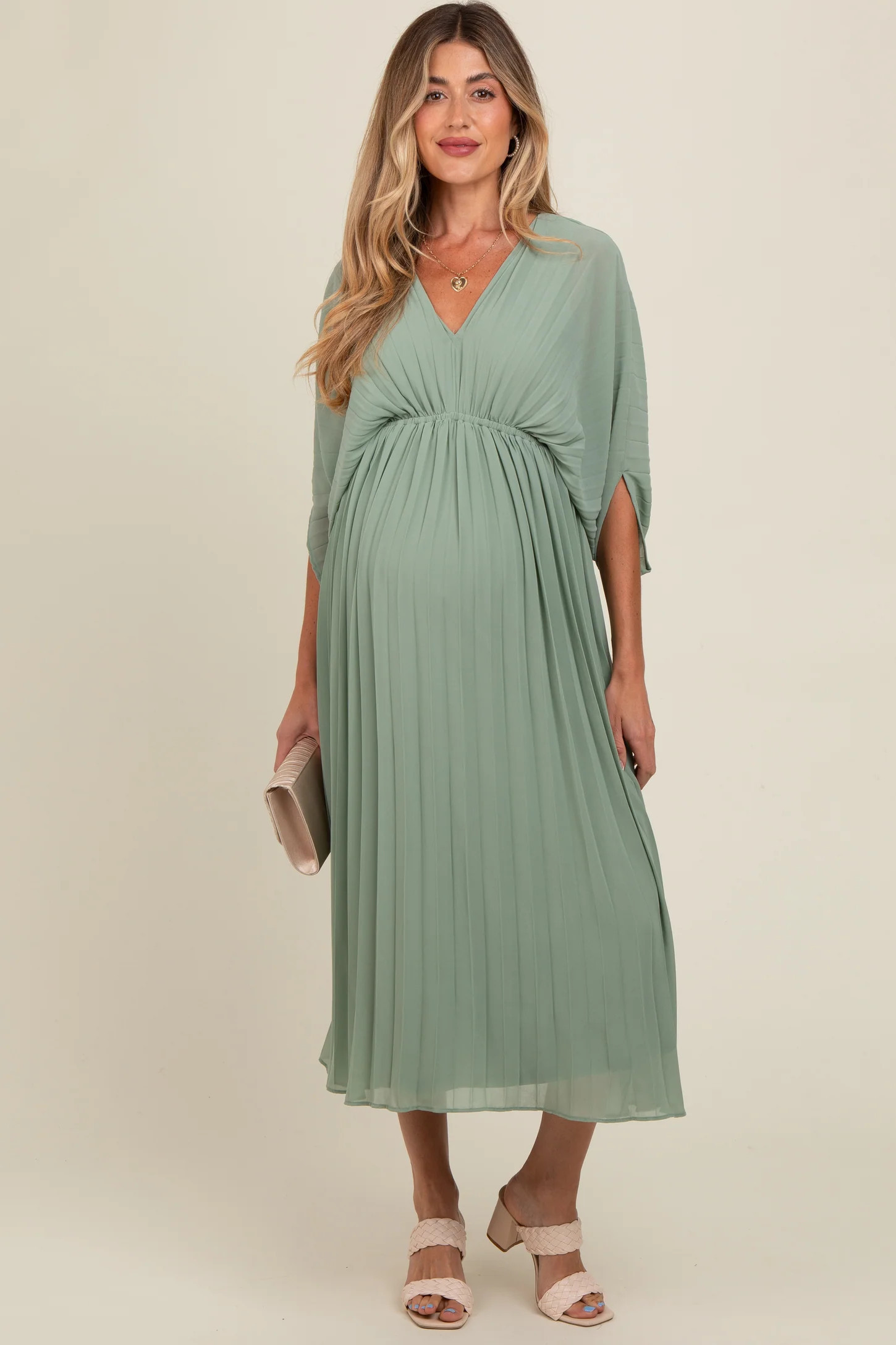 Light Olive Pleated V Neck Maternity Maxi Dress | PinkBlush Maternity