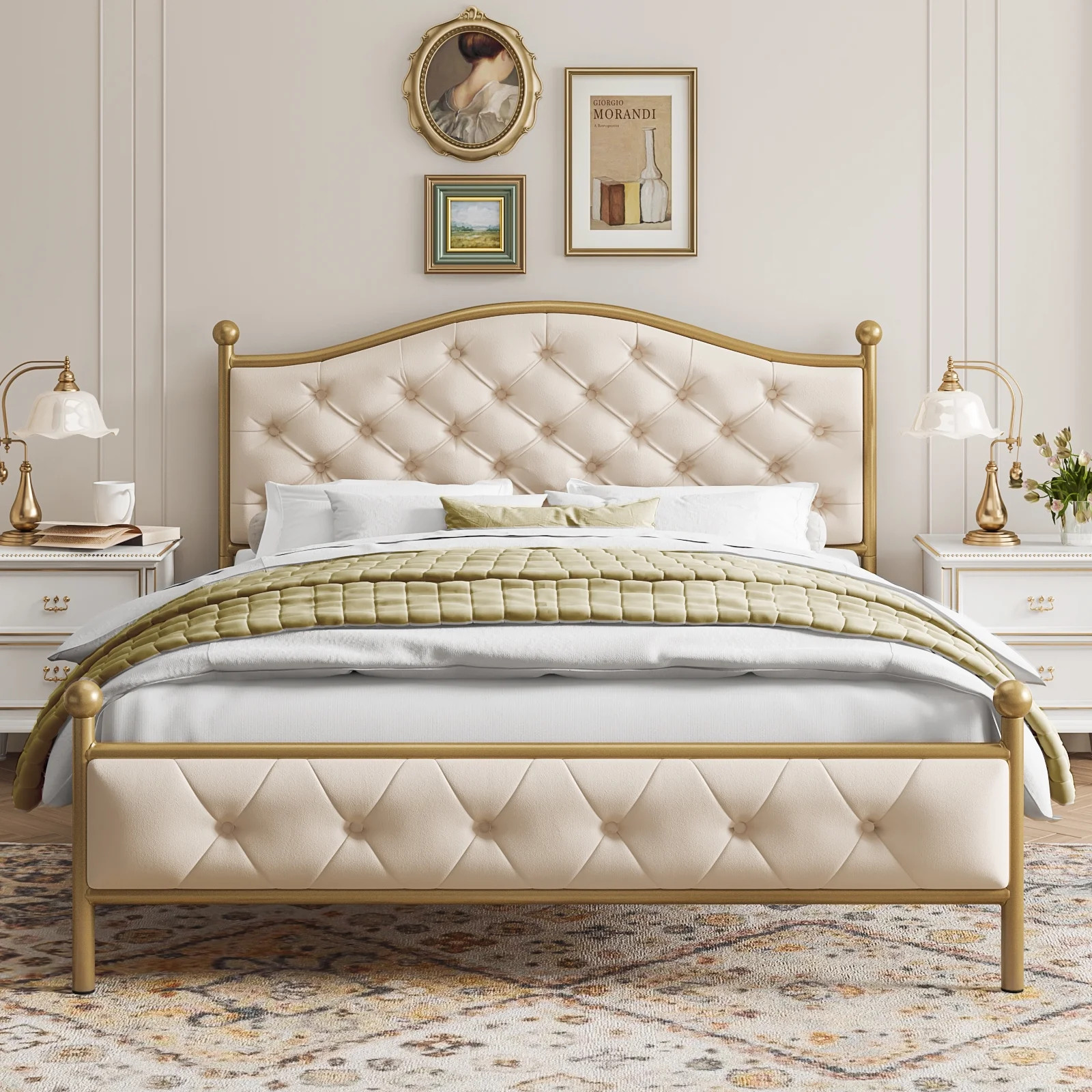 Homfa King Size Bed, Platform Bed Frame with Tufted Upholstered Headboard, Beige | Walmart (US)