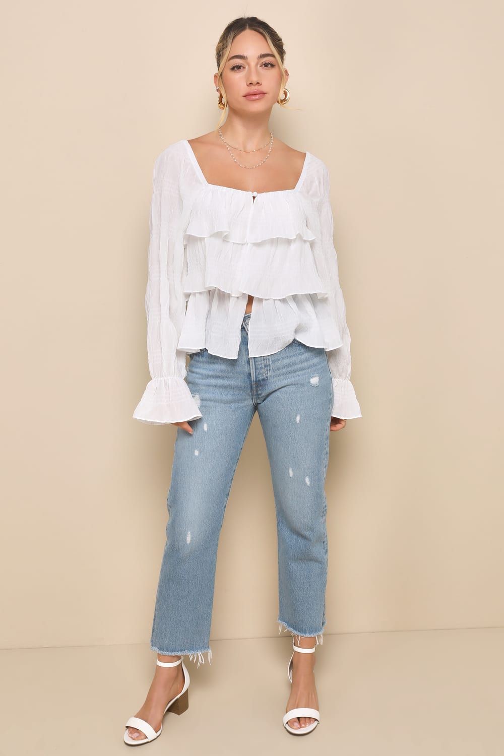 Tier Decadence Ivory Tiered Ruffled Long Sleeve Button-Up Top | Lulus