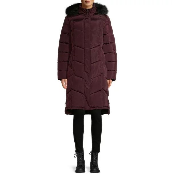 Big Chill Women's Faux Memory Chevron Quilted Maxi Coat with Faux Fur Hood - Walmart.com | Walmart (US)