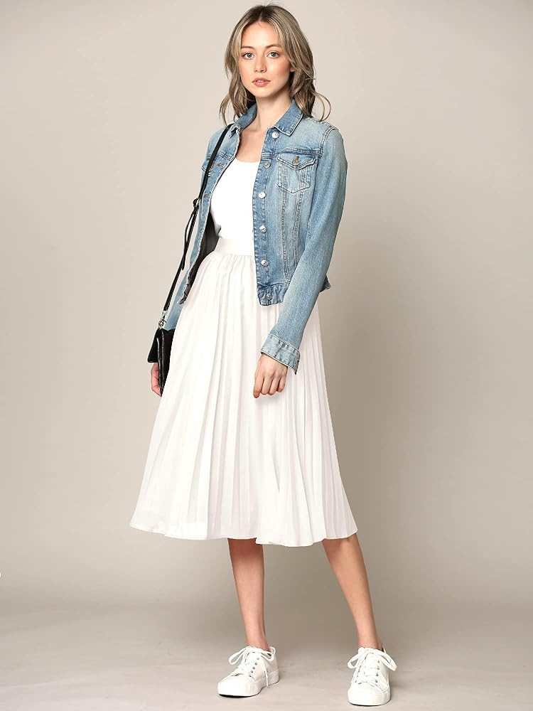 Made By Johnny Women's High Elastic Waist Pleated Mid A-Line Swing Skirt | Amazon (US)