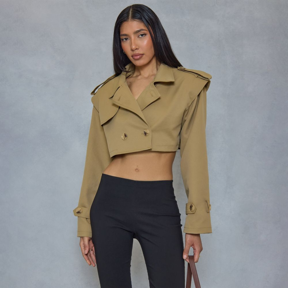 Long Sleeve Button Detail Cropped Trench Coat In Beige | EGO (UK)